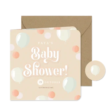 Uitnodiging babyshower zacht kraftlook ballonnen & confetti